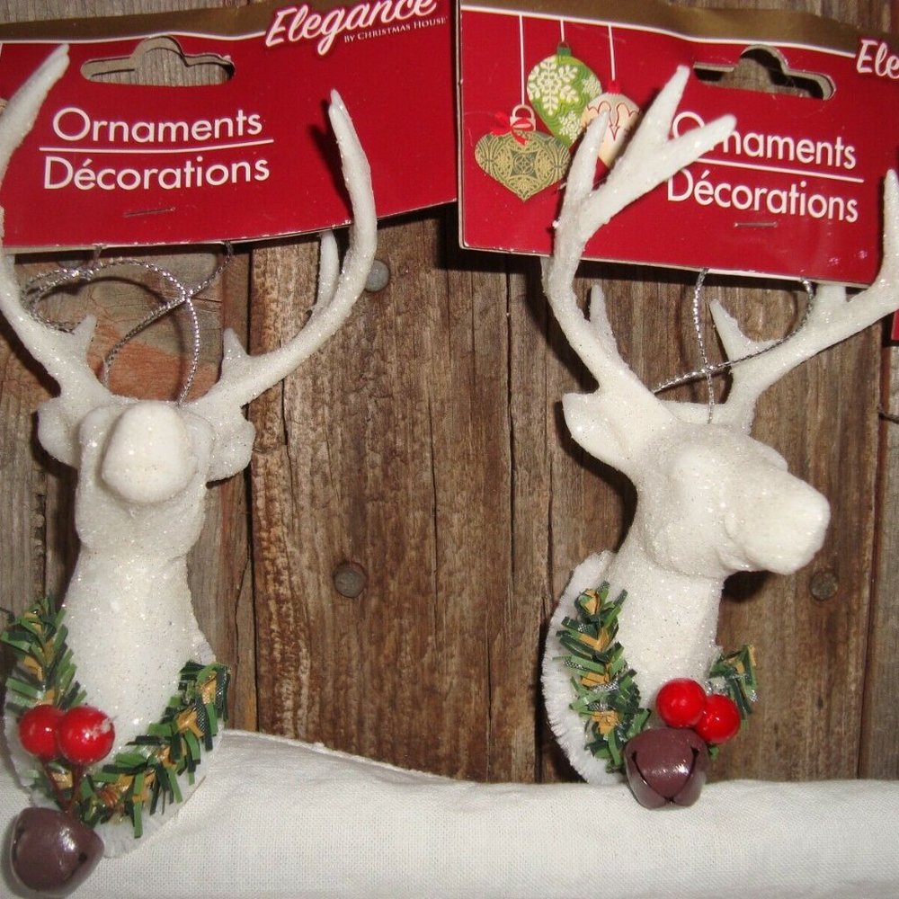 2 Christmas House Elegance White Glitter Deer
